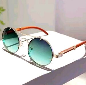 Green Gradient Silver Frame Round Sunglasses